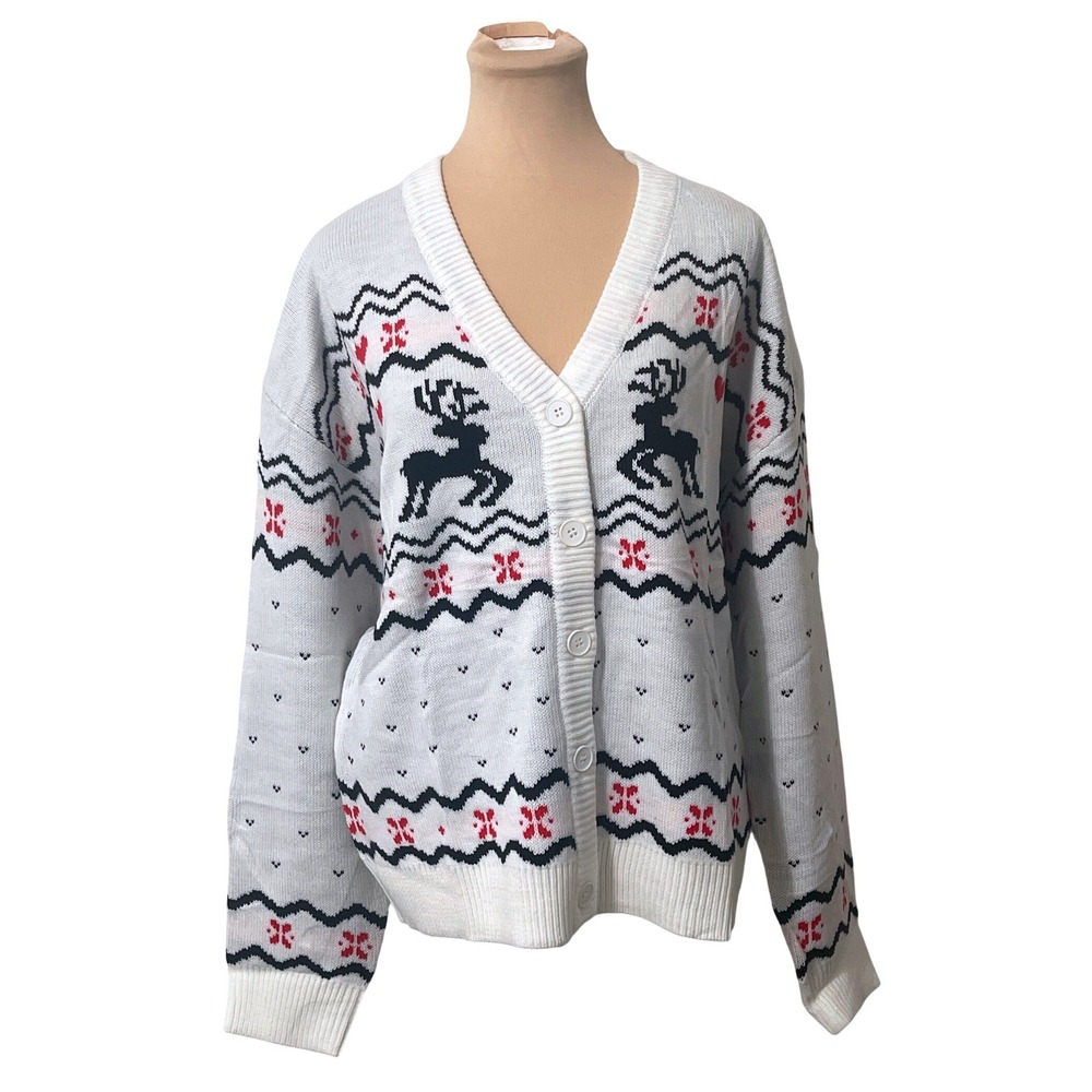 Simplee Reindeer Fair Isle Cardigan Sweater Large White Red Black Nordic Festive